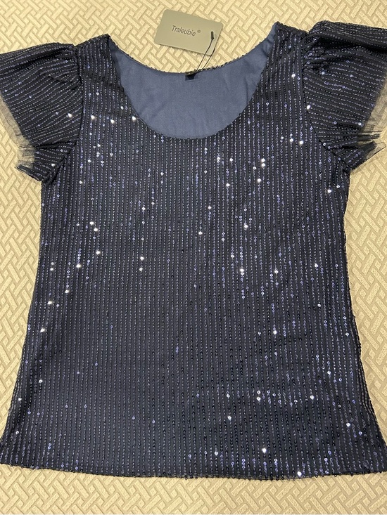 Tops - Navy Sequin Flutter Sleeve Top